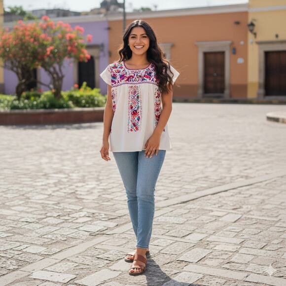 Mexican Hand embroidered bluse Size L - Picture 9 of 9